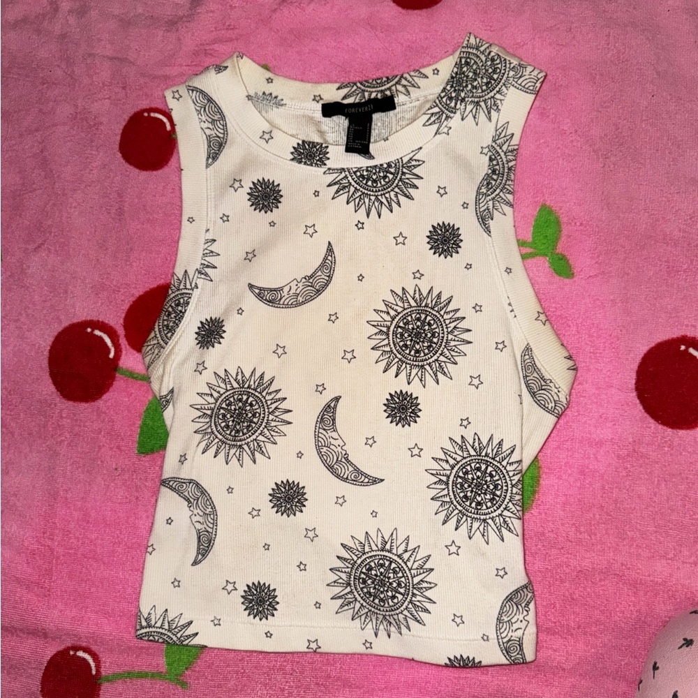 Forever 21 Cream and Black Sun and Moon Crop Top